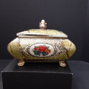 Vintage Green Floral Faux Marble Art Deco Decorative Tin.